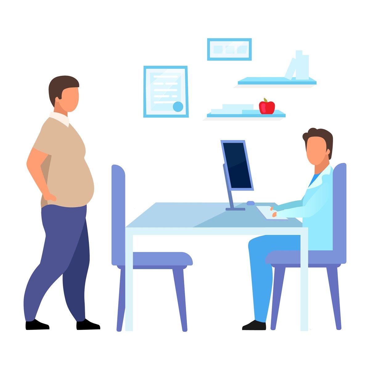Male obesity problem flat vector illustrations set
