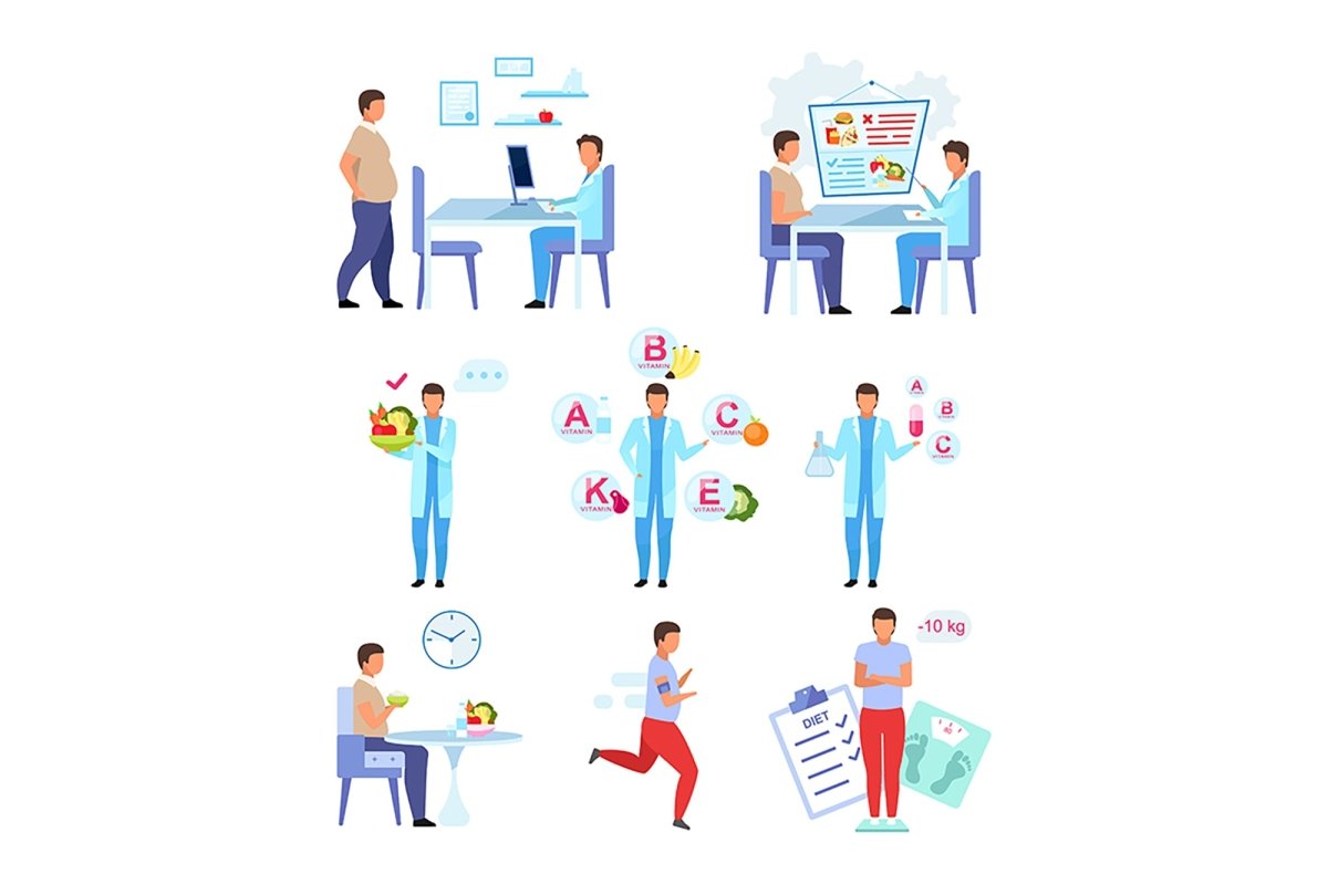Male obesity problem flat vector illustrations set