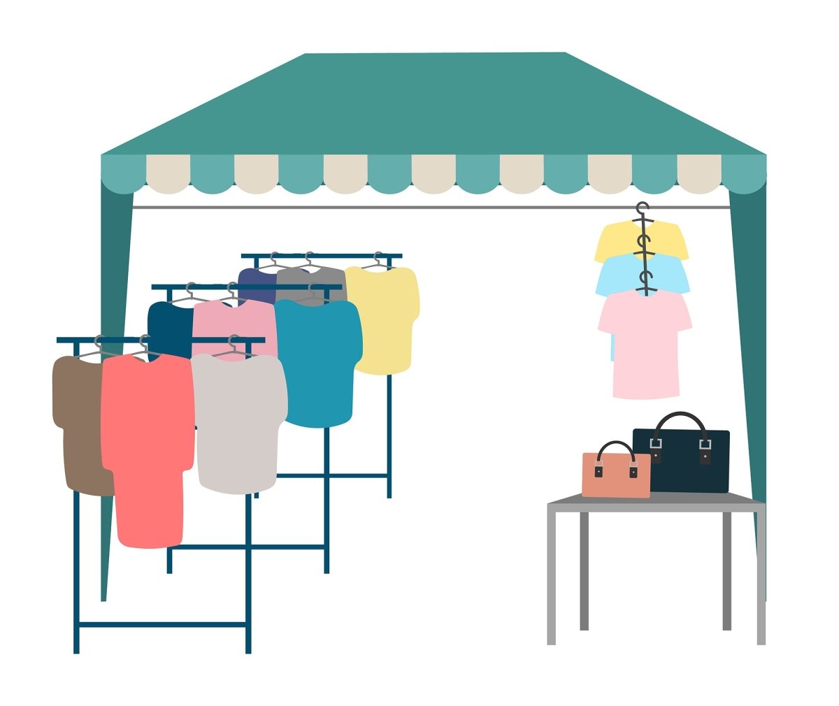 Market stalls flat vector illustrations set
