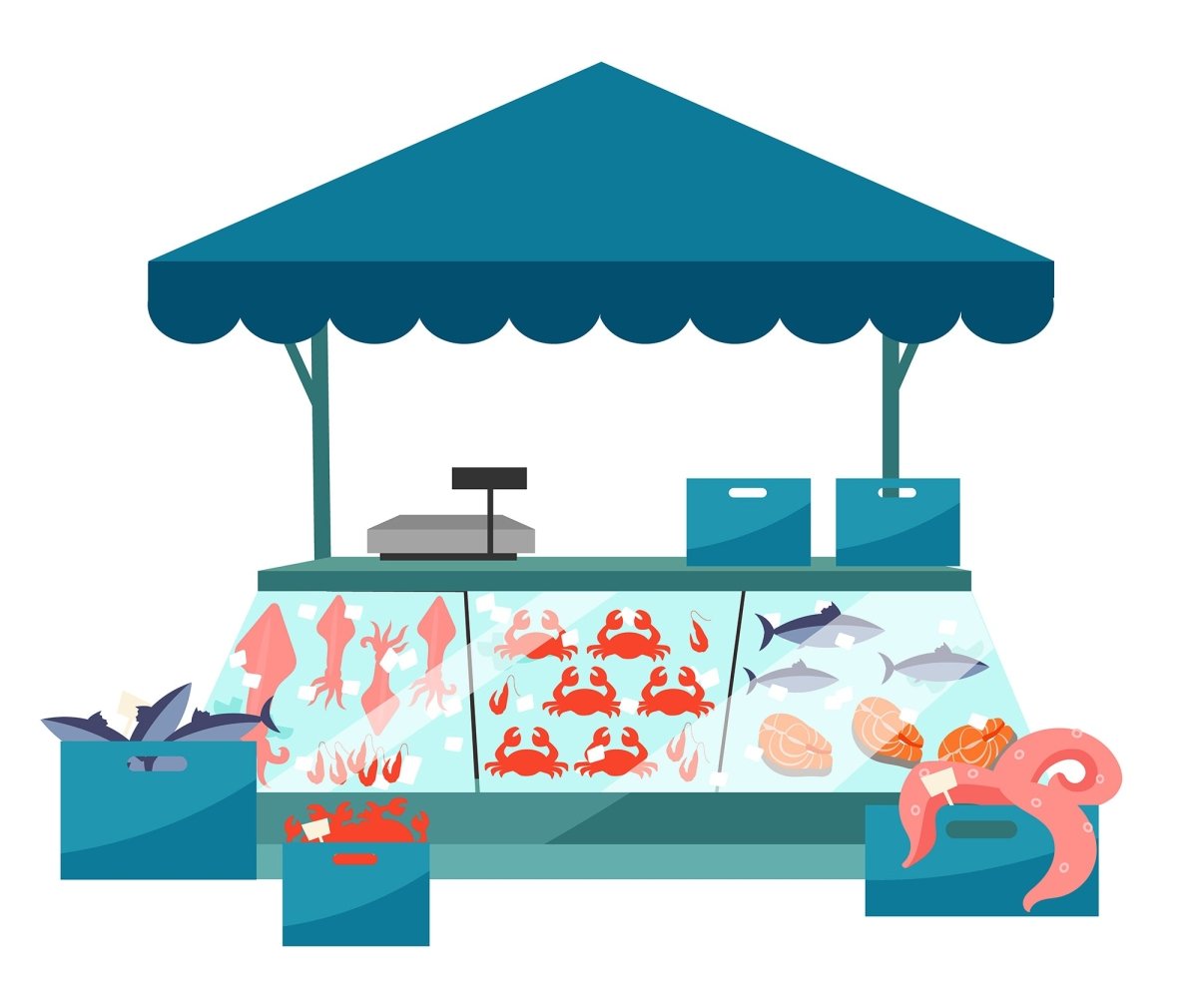 Market stalls flat vector illustrations set