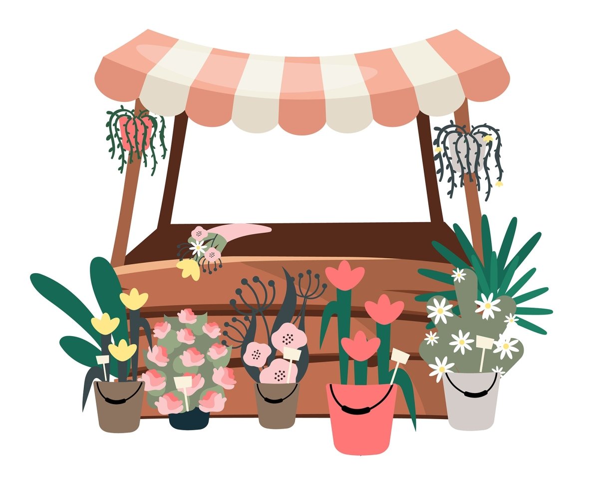 Market stalls flat vector illustrations set