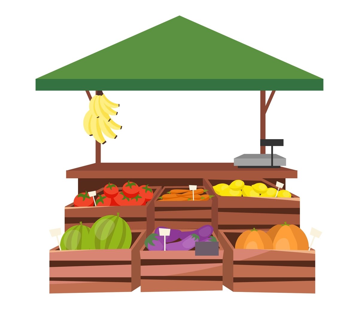 Market stalls flat vector illustrations set