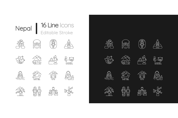 Nepal cultural heritage linear icons set for dark and light mode
