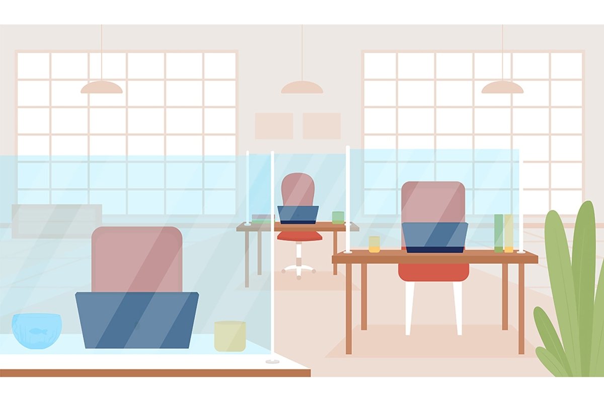 Office post covid flat color vector illustrations
