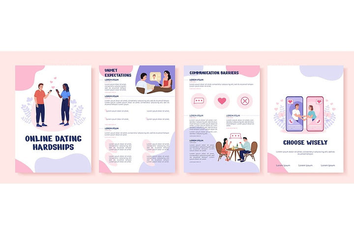 Online dating hardships flat vector brochure template set