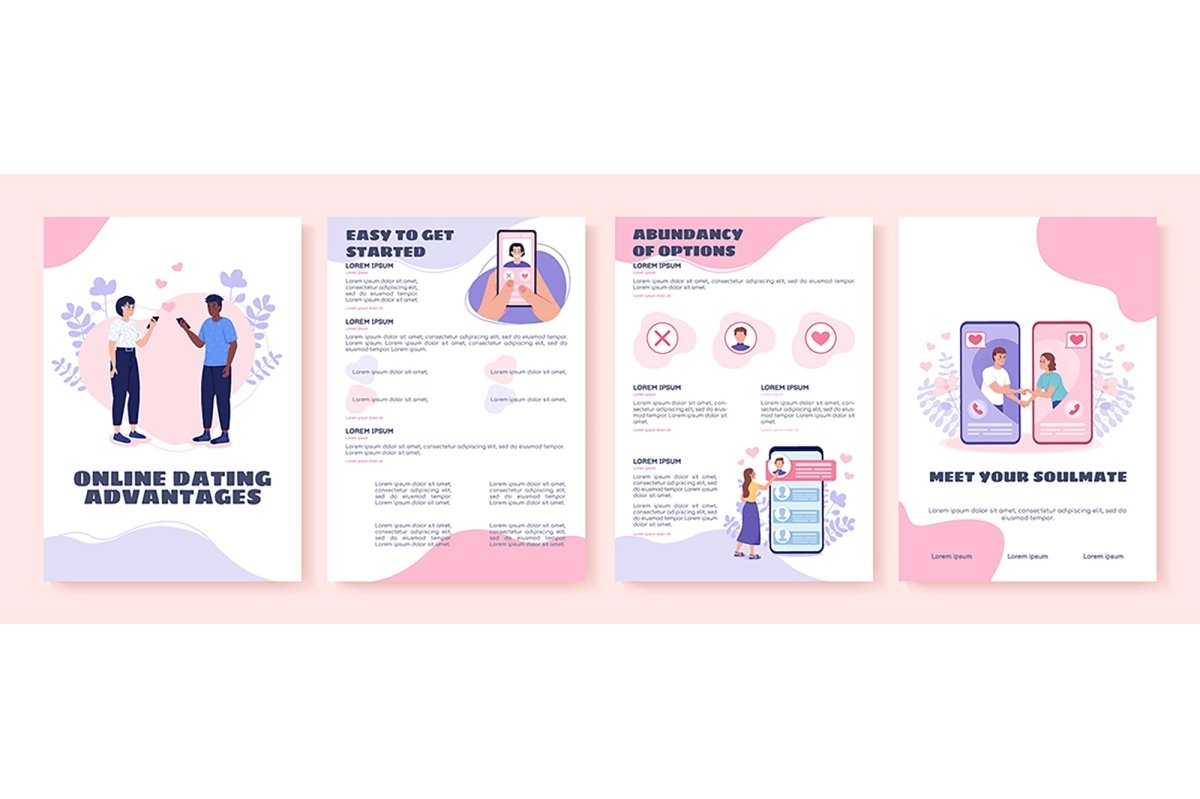 Online dating hardships flat vector brochure template set