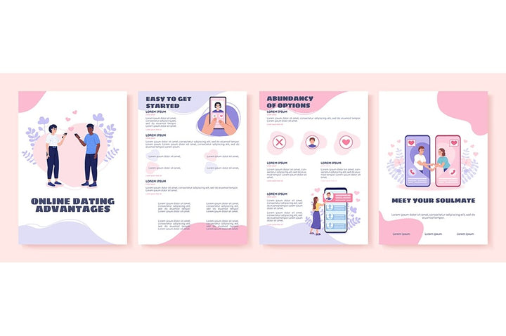 Online dating hardships flat vector brochure template set