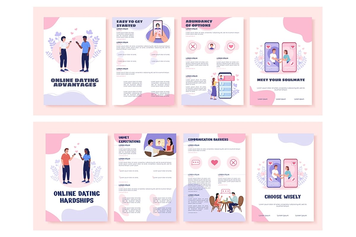 Online dating hardships flat vector brochure template set