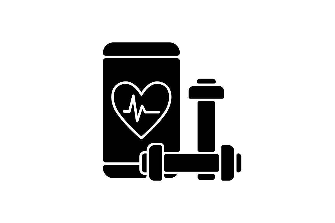 Online fitness apps possibilities black glyph icons set on white space.