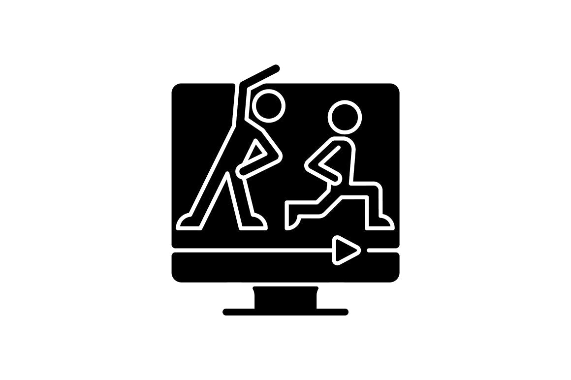 Online fitness apps possibilities black glyph icons set on white space.