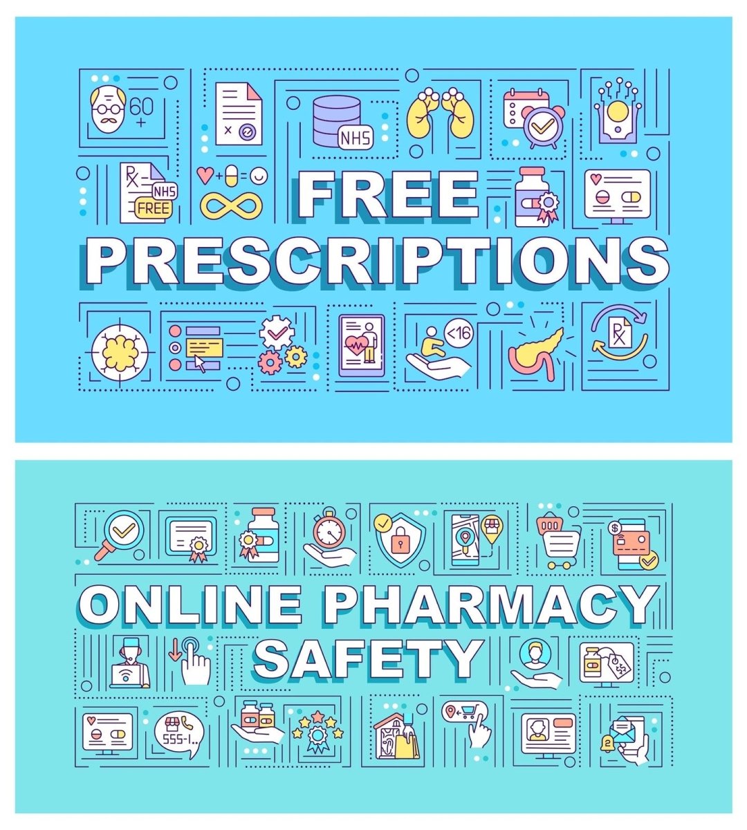 Online pharmacy safety word concepts banner set