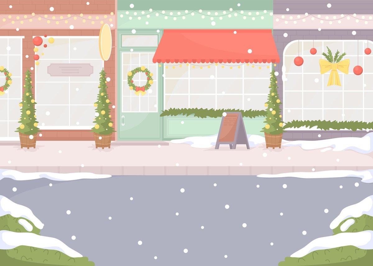 Outdoor and indoor Christmas scenes at daylight flat color vector illustration set