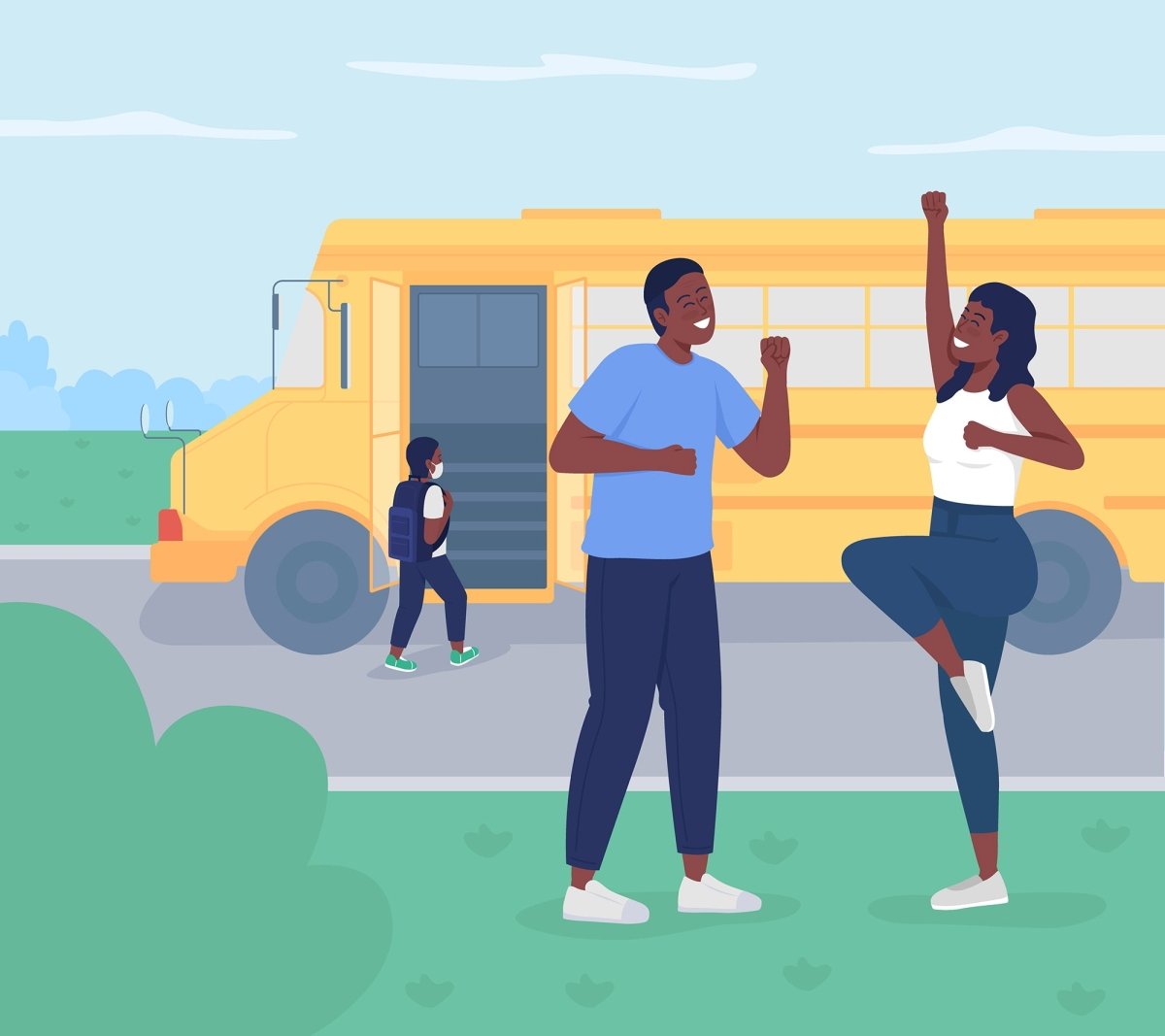 Parent send child to school flat color vector illustration set
