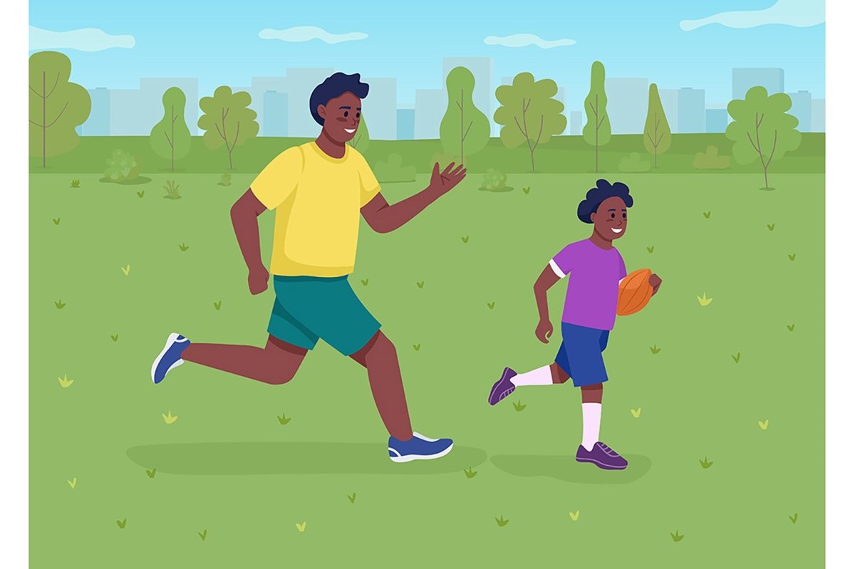 Playing with dad outdoors flat color vector illustration set
