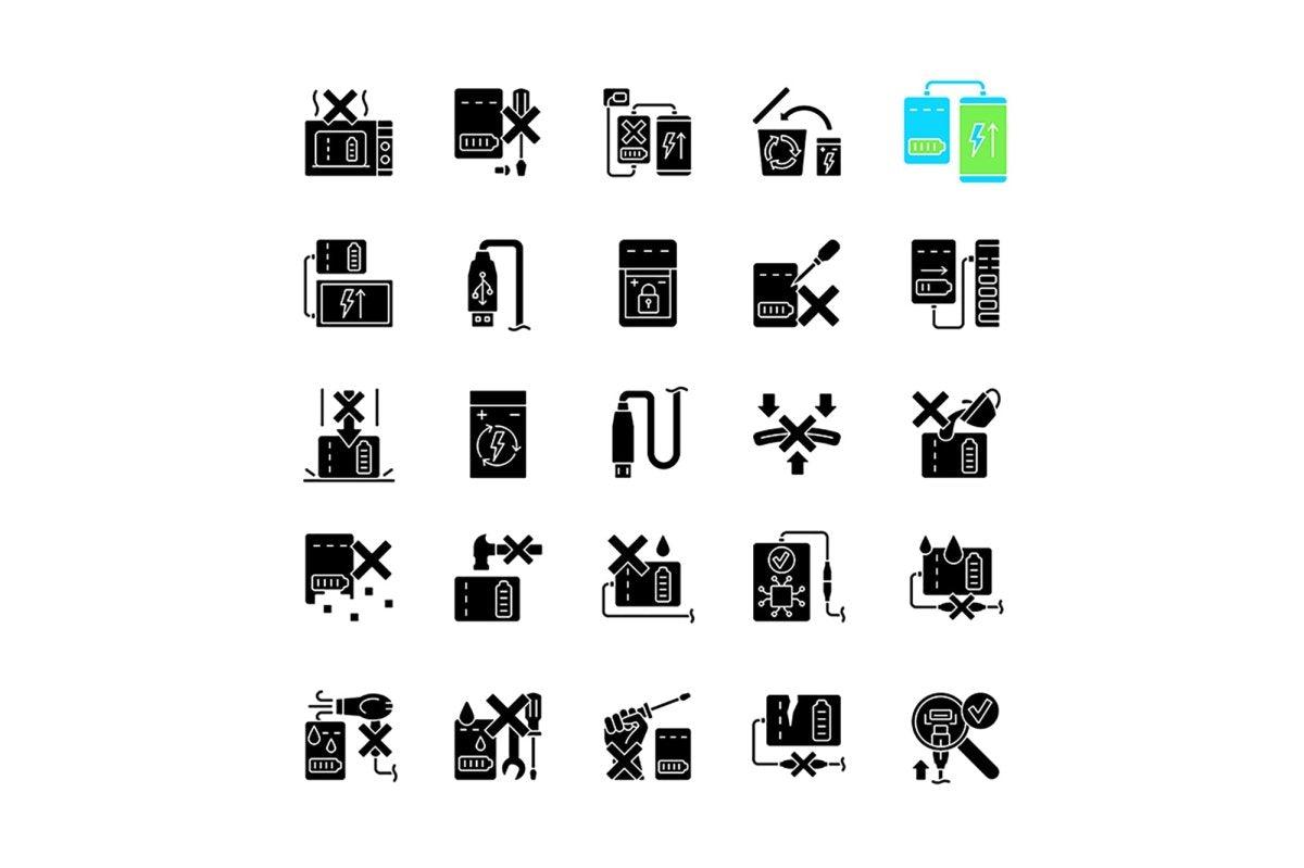 Power bank usage black glyph manual label icons set on white space