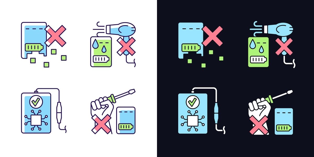 Power bank usage light and dark theme RGB color manual label icons set