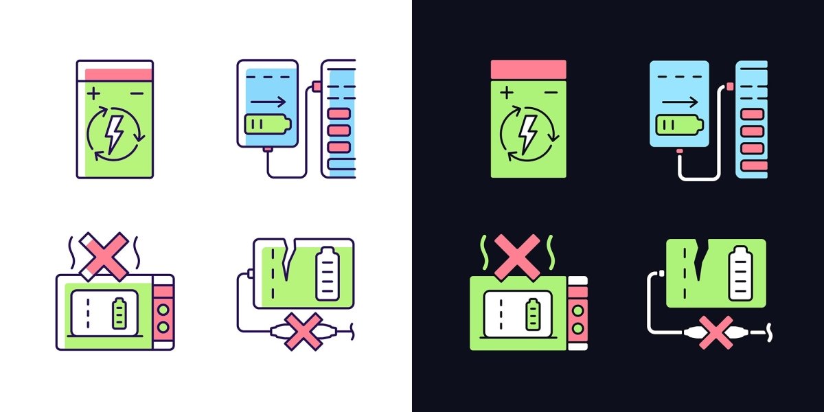 Power bank usage light and dark theme RGB color manual label icons set