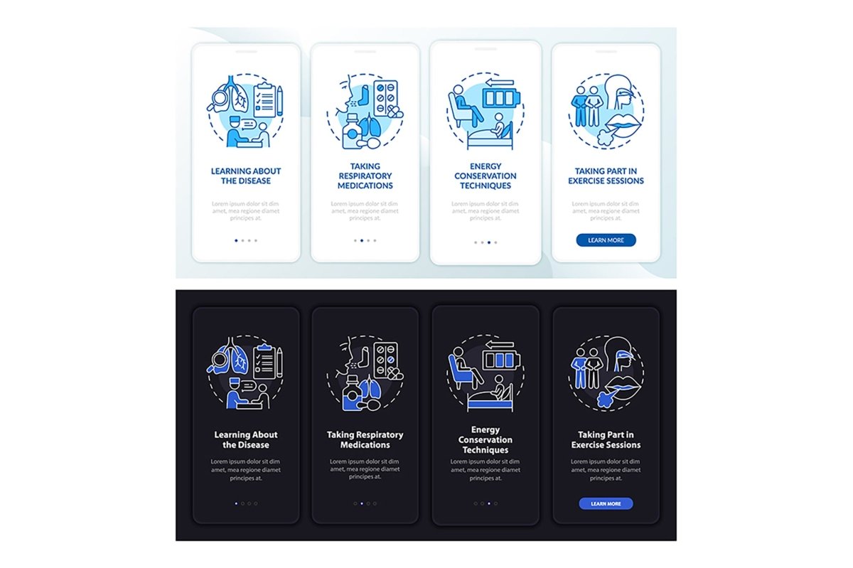Pulmonary rehab patients day, night onboarding mobile app page screen bundle