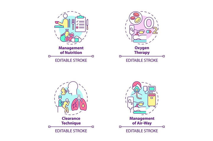 Pulmonary rehabilitation concept icons set.
