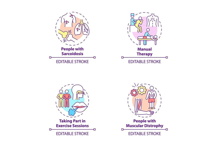 Pulmonary rehabilitation concept icons set.