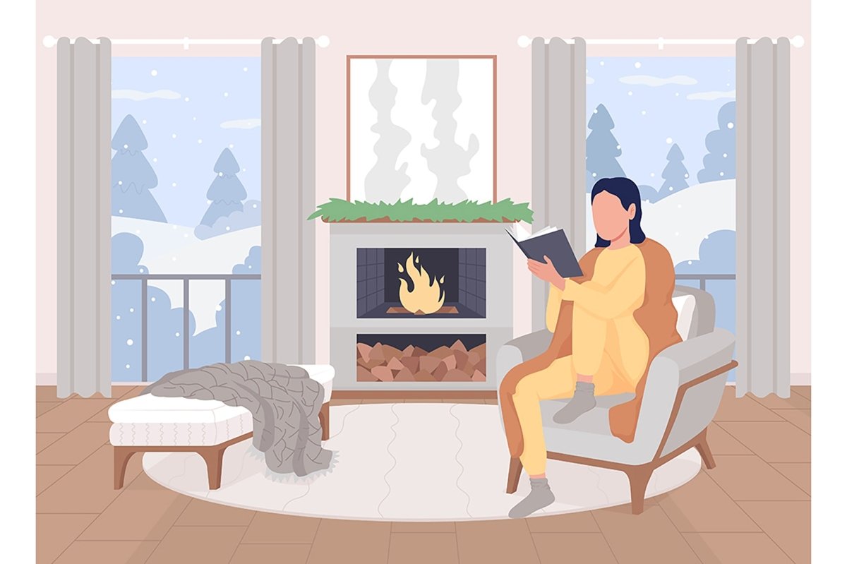 Reading at home flat color vector illustration set