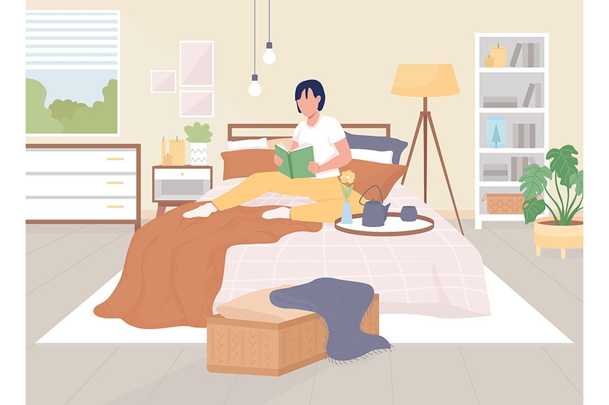 Reading at home flat color vector illustration set
