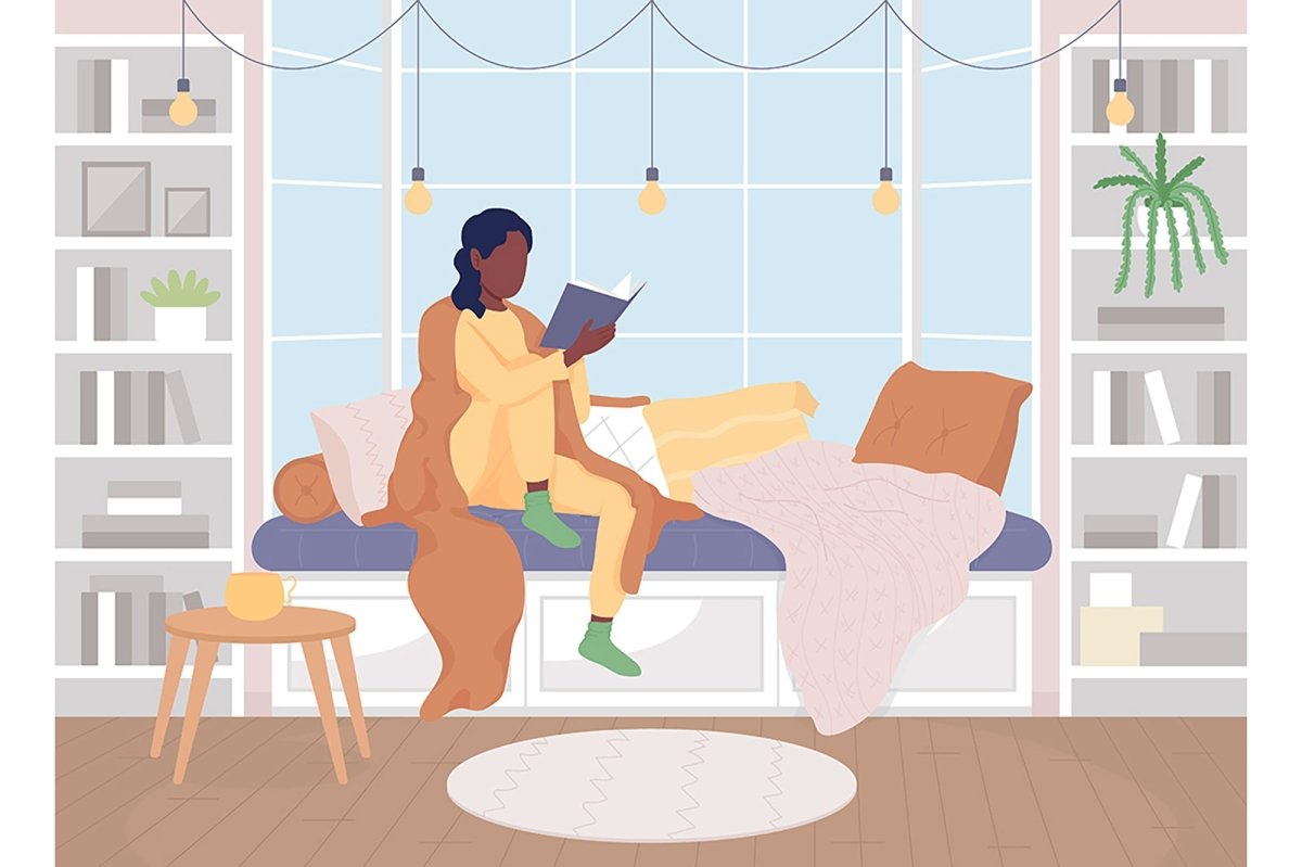 Reading at home flat color vector illustration set