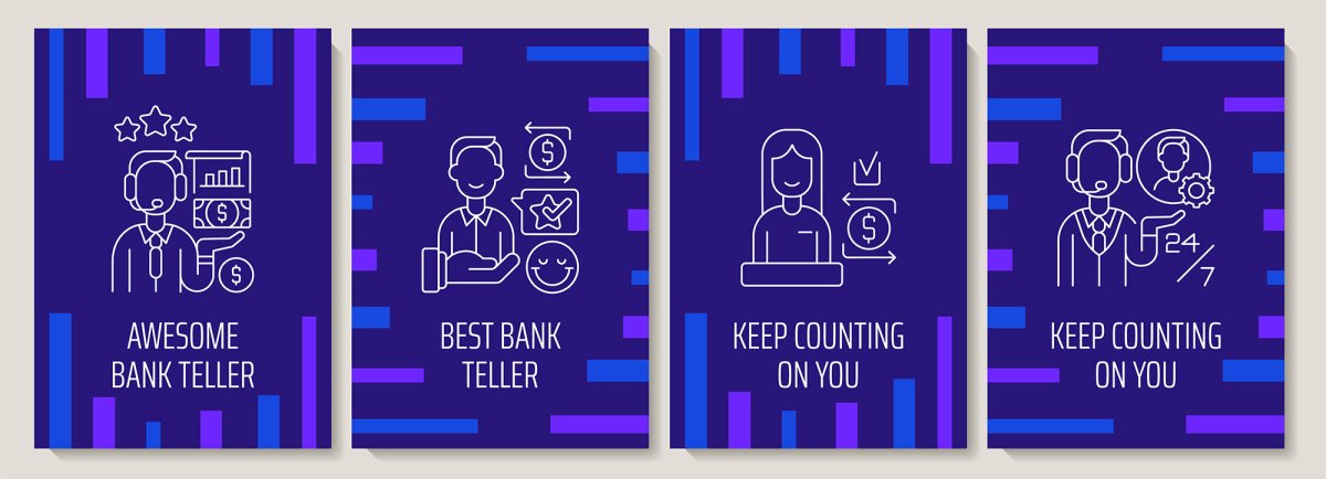 Recognizing tellers worldwide postcard with linear glyph icon set