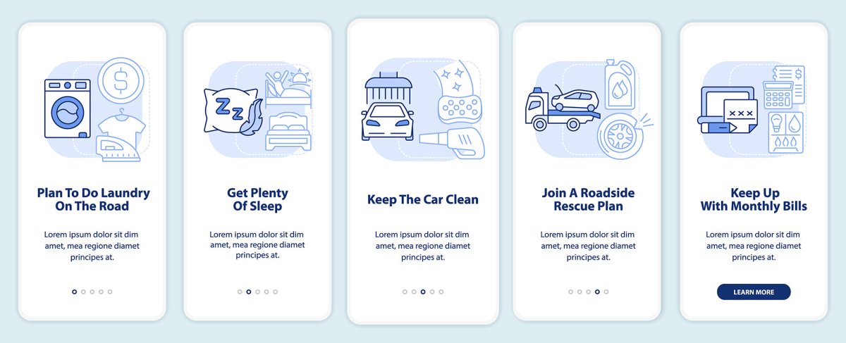 Road trip planning mobile app screen set