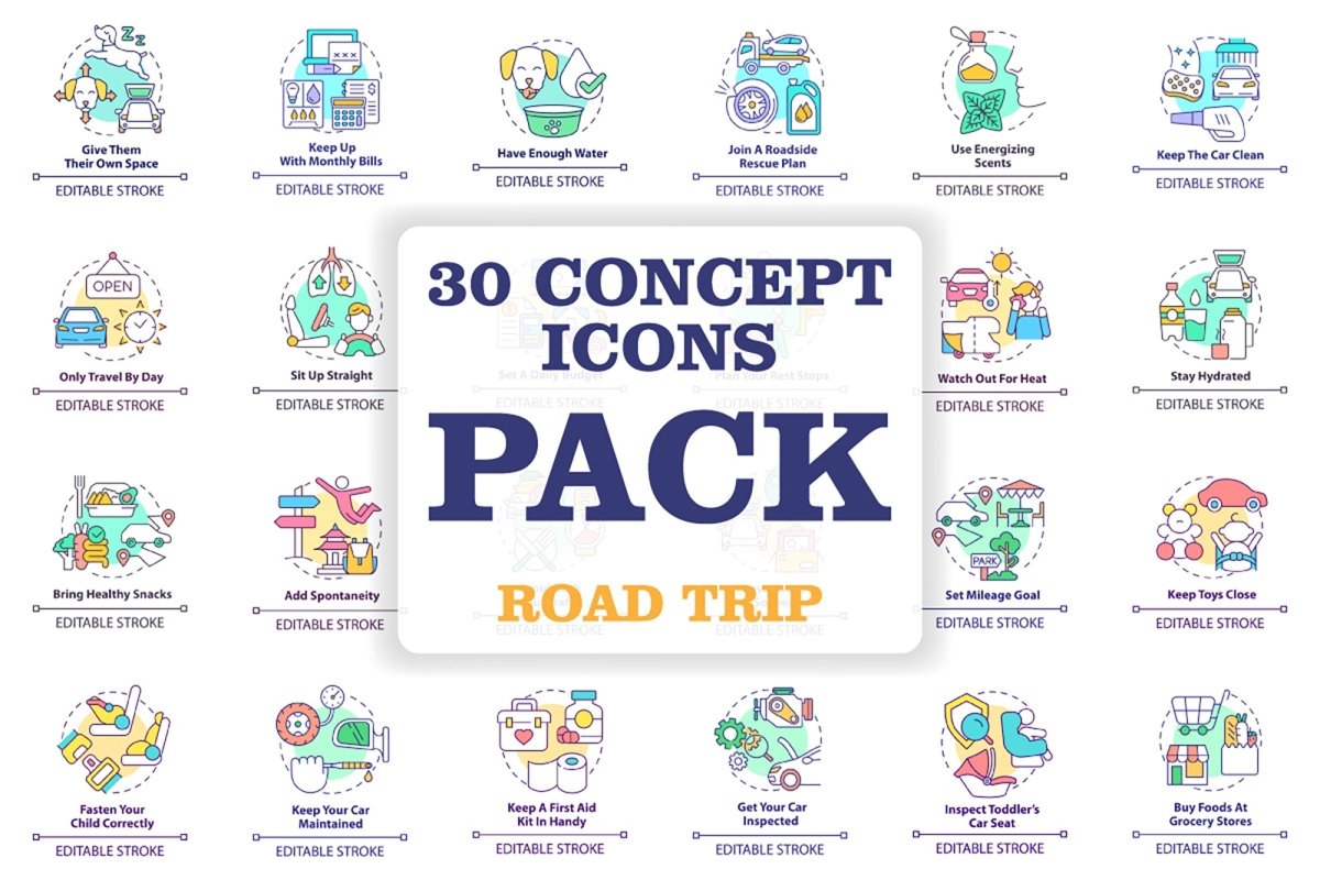 Road trip tips concept icons bundle