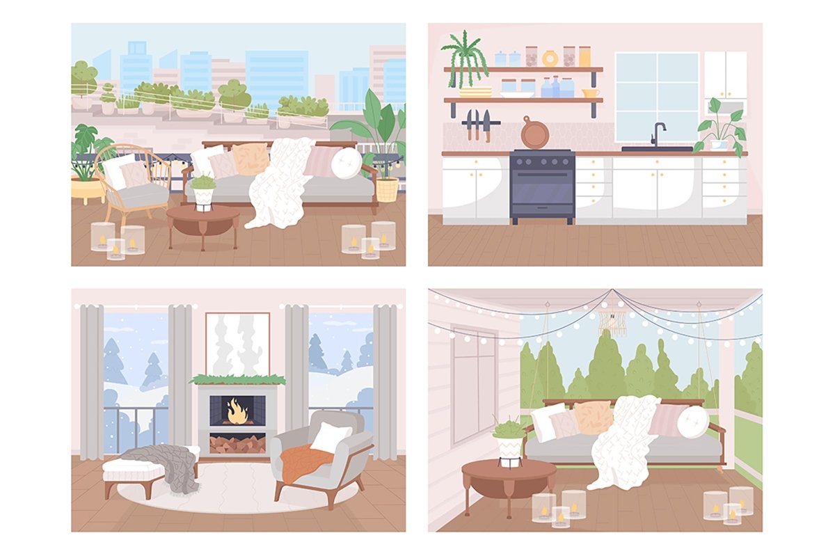 Scandinavian style home flat color vector illustration set