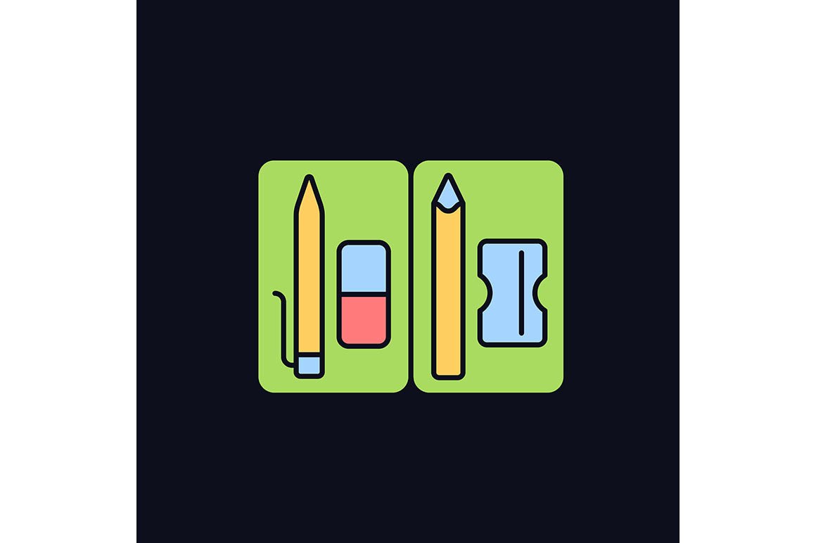School supplies light and dark theme RGB color icons set