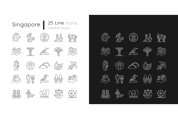 Singapore national symbols linear icons set for dark and light mode