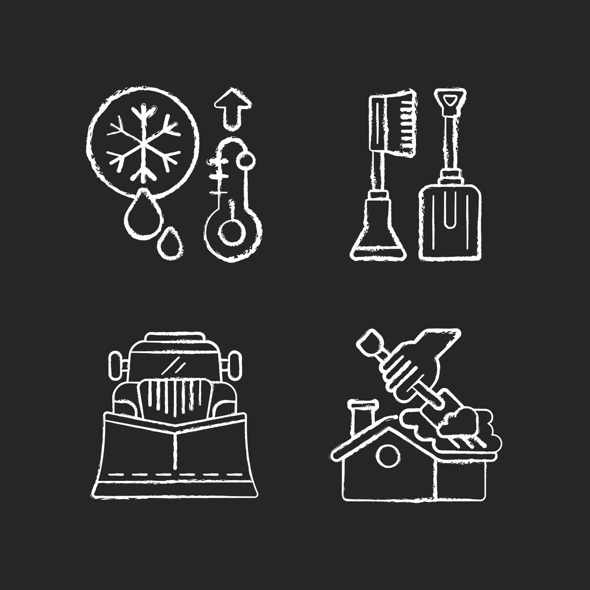 Snow removing services chalk white icons set on black background