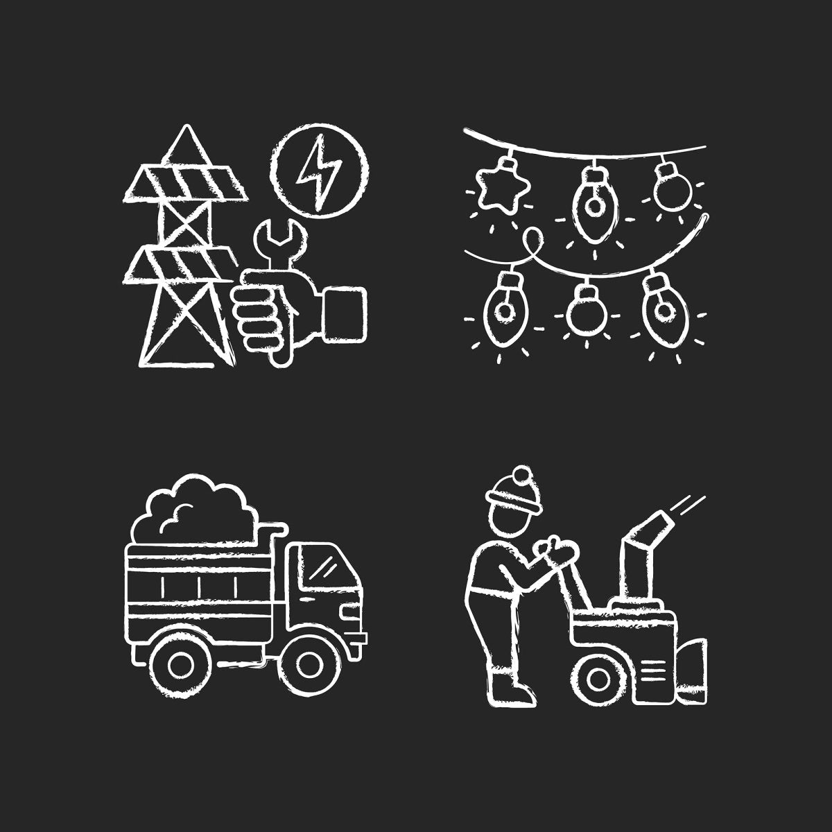 Snow removing services chalk white icons set on black background