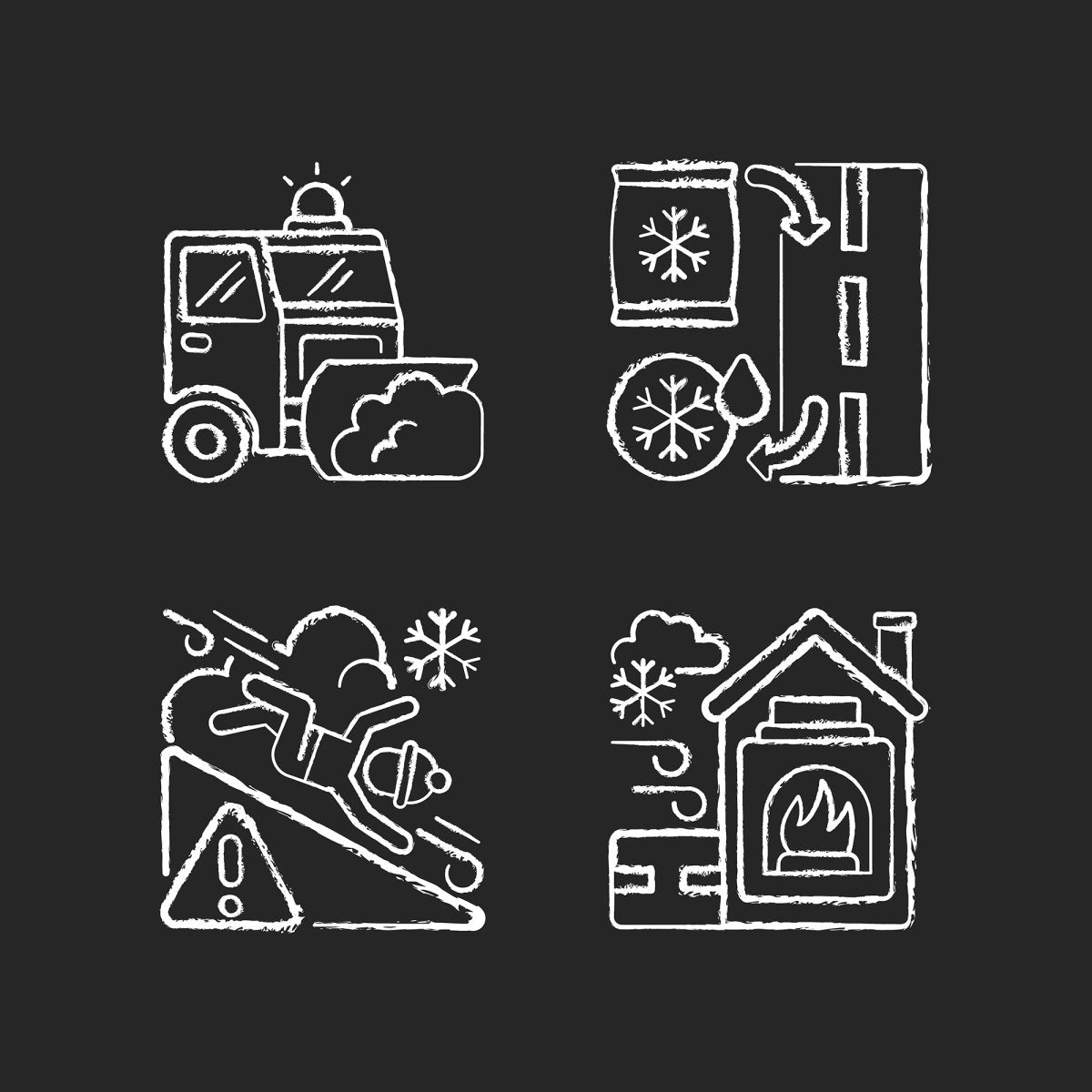 Snow removing services chalk white icons set on black background