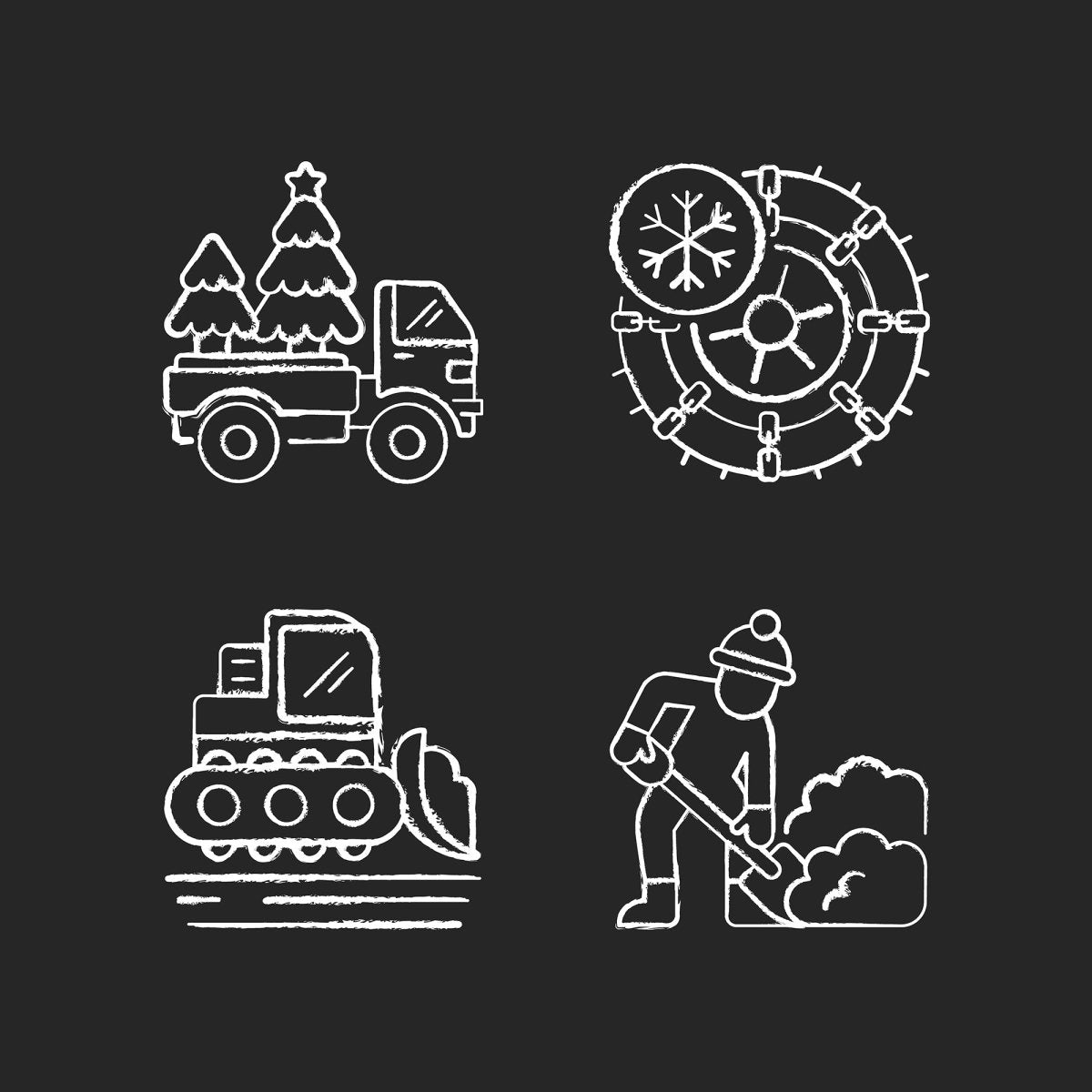 Snow removing services chalk white icons set on black background