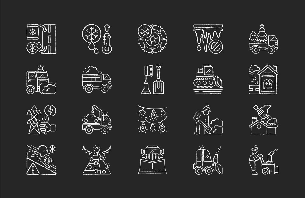 Snow removing services chalk white icons set on black background