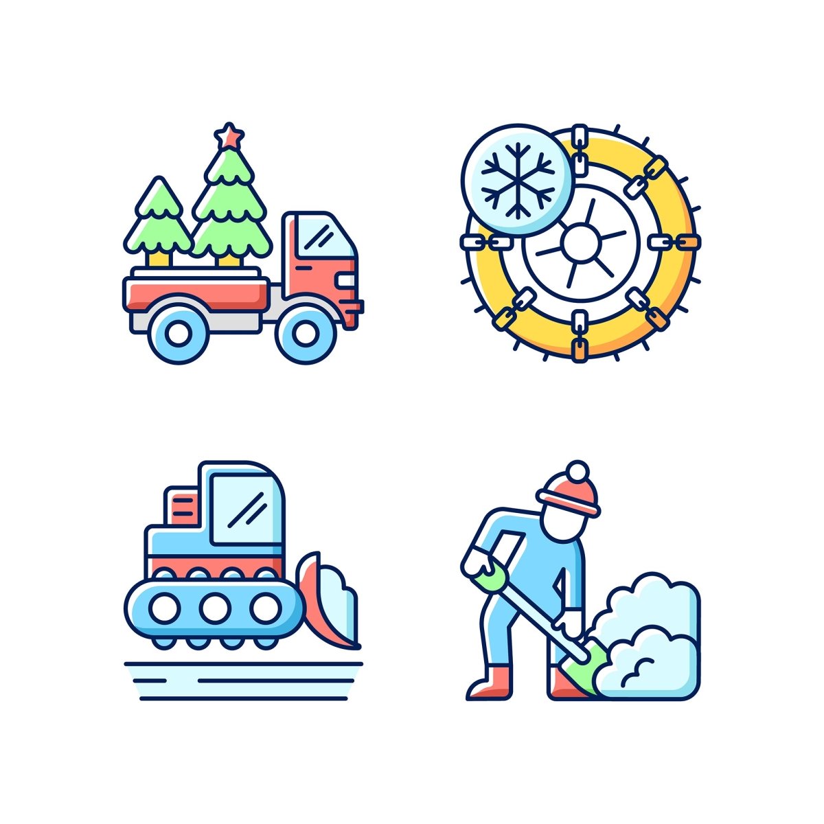 Snow removing services RGB color icons set