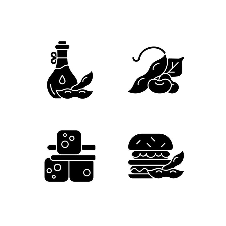 Soy foods black glyph icons set on white space