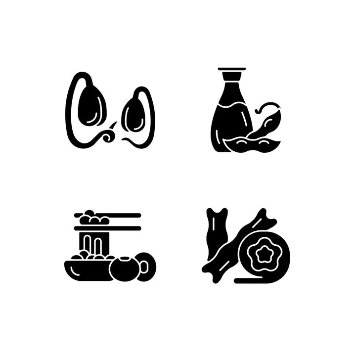 Soy foods black glyph icons set on white space