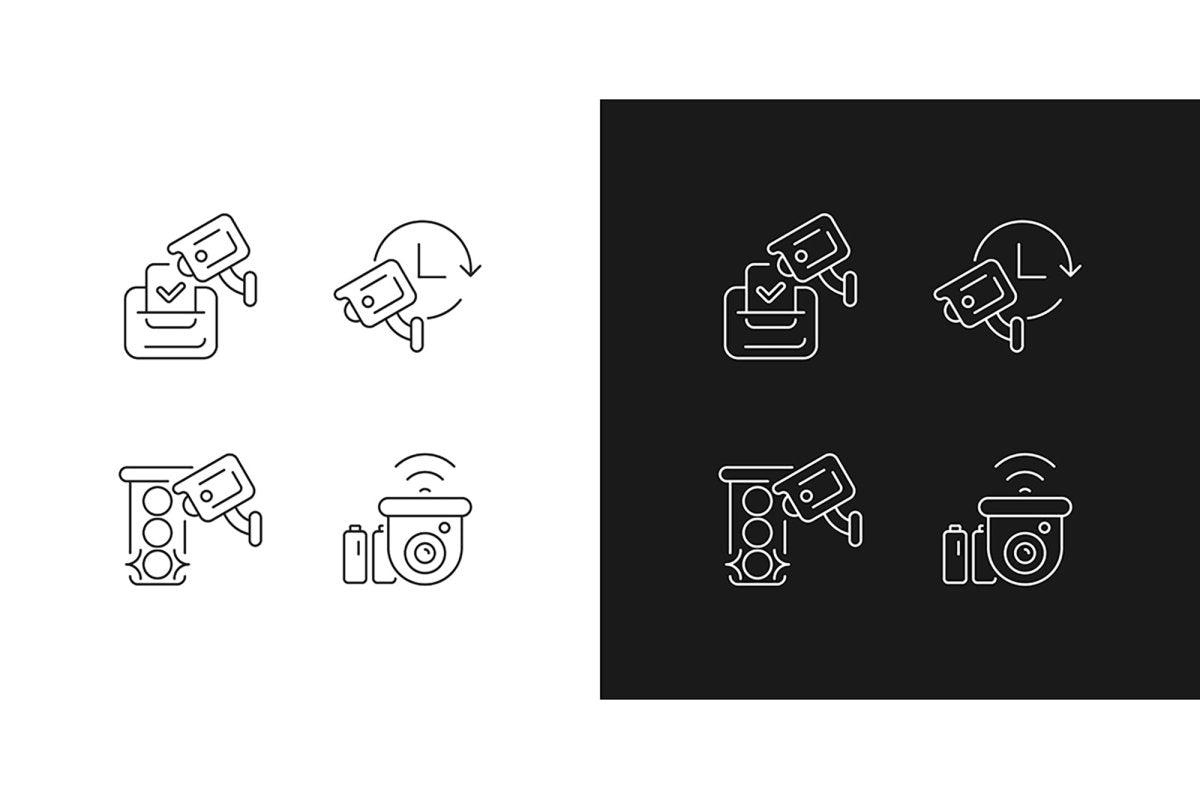 Surveillance and security systems linear icons set for dark and light mode
