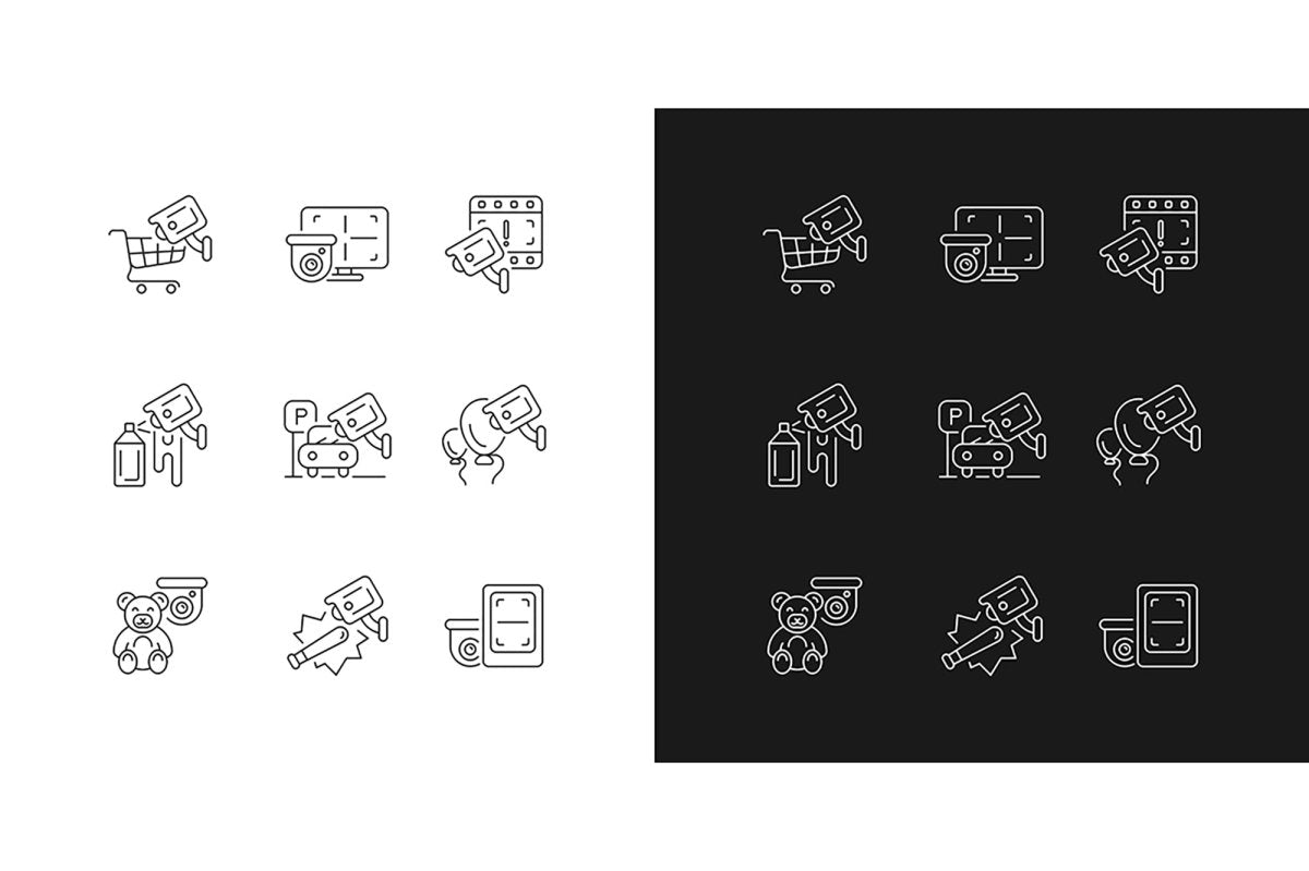 Surveillance and security systems linear icons set for dark and light mode