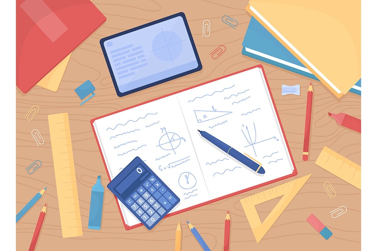 Tabletop with objects flat color vector illustration set