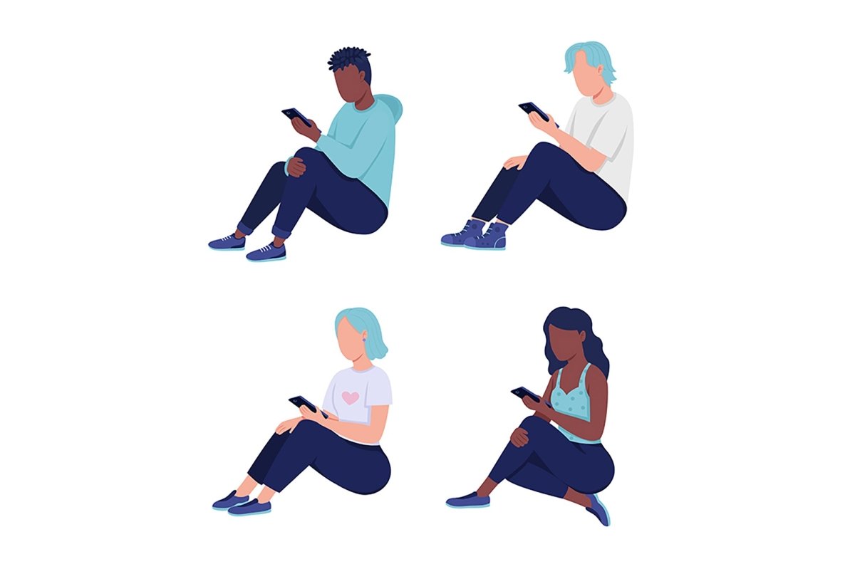 Teen smartphone addiction semi flat color vector characters set