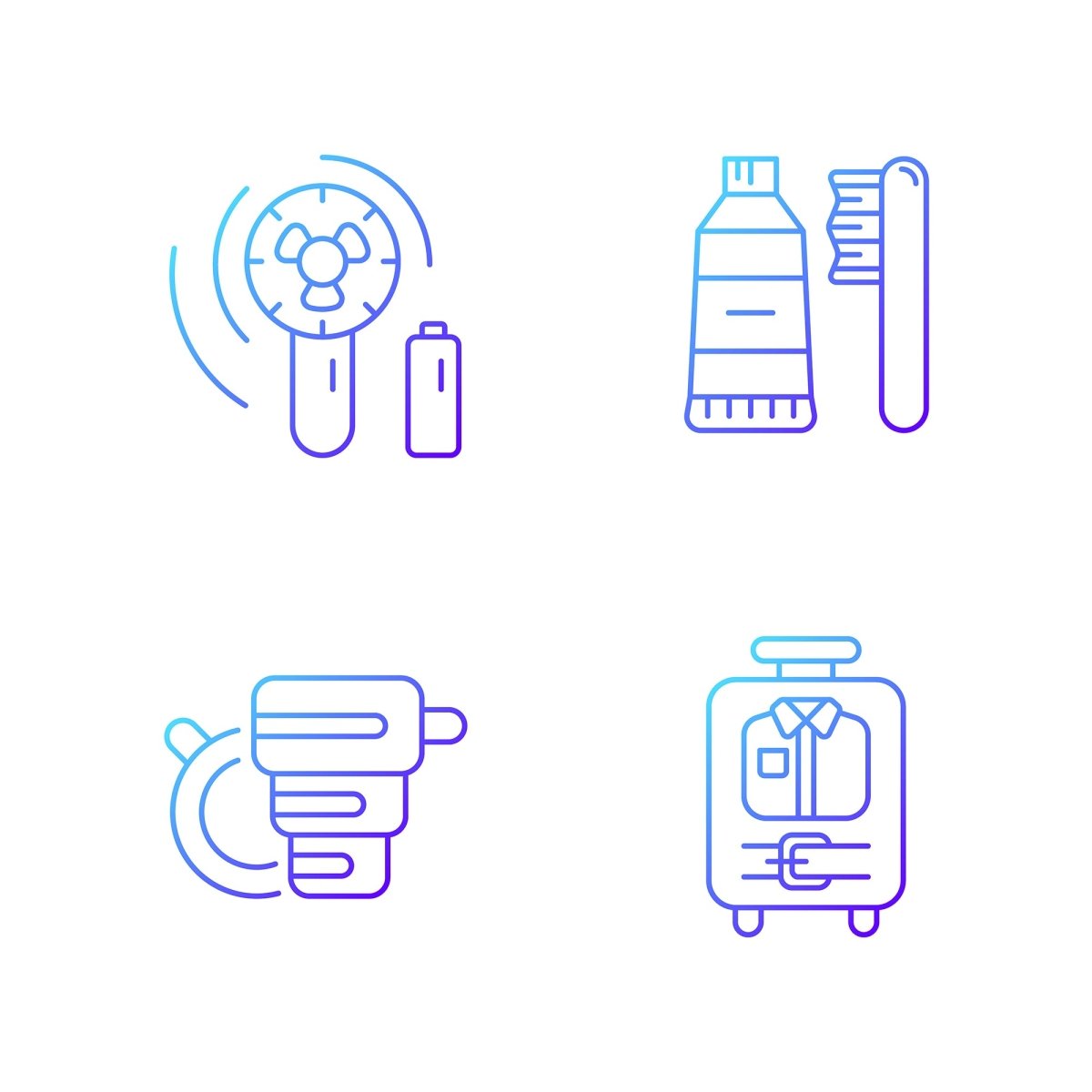 Travel size objects gradient linear vector icons set