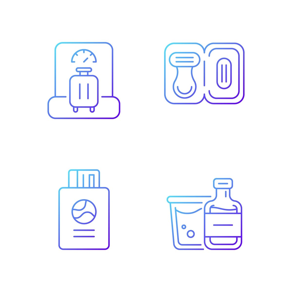 Travel size objects gradient linear vector icons set