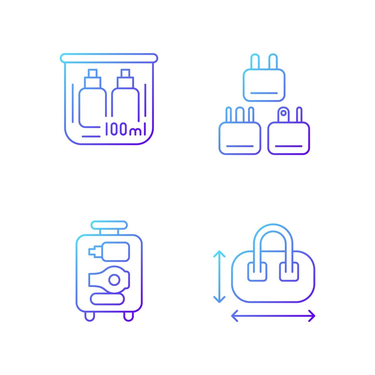 Travel size objects gradient linear vector icons set