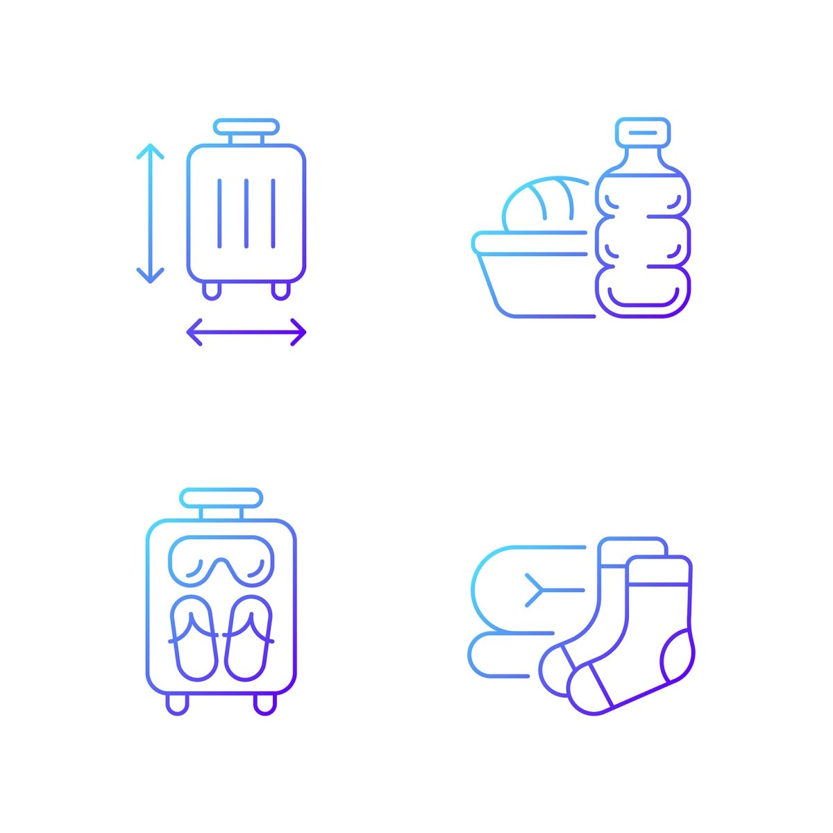 Travel size objects gradient linear vector icons set