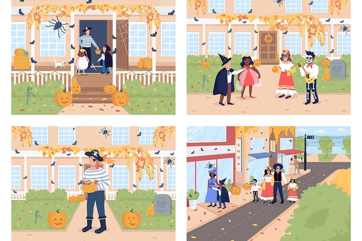 Trick or treat on Halloween flat color vector illustration set